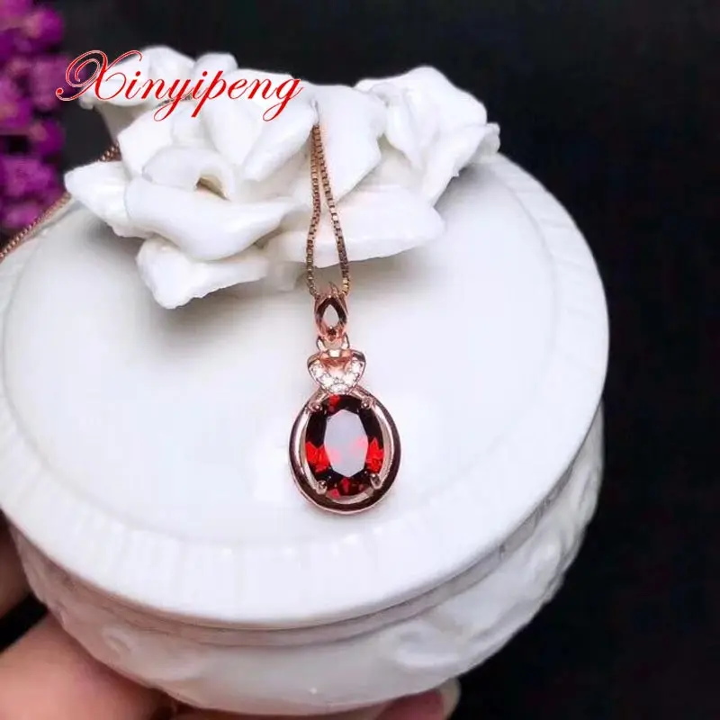 

Xin yi peng 925 silver plated rose gold inlaid natural garnet pendant necklace Women necklace style exquisite fashion