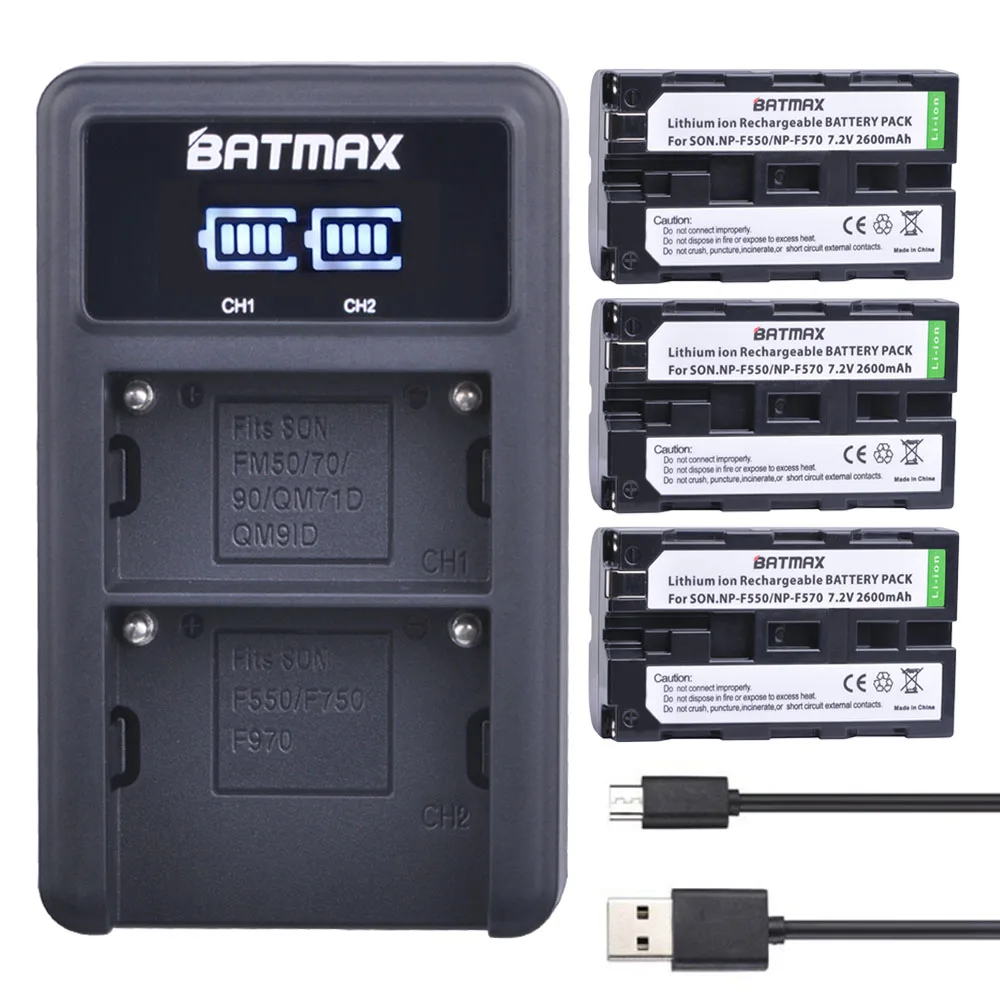 

Batmax 3pcs NP-F570 NP-F550 F550 Camera Battery + LED USB Dual Charger for Sony F970/F960 NP-F570 F530 CCD-SC55 CCD-TRV81