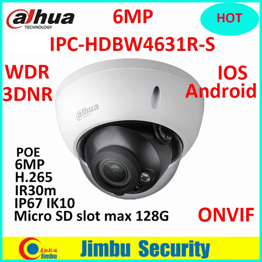 

Dahua 6MP POE dome IP Camera support SD slot IR30m IK10 IP67 camera English firmware & multi-languag firmware IPC-HDBW4631R-S