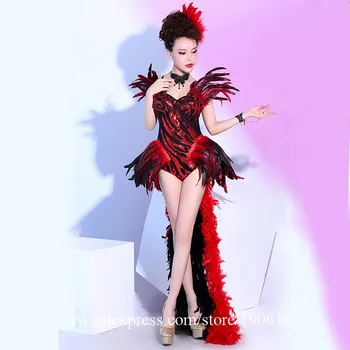 

Fashion Sexy Girl Party Stage Dress Witth Headwear Performance Dancer Shows Ballrooom Red Feather Costume Clothes