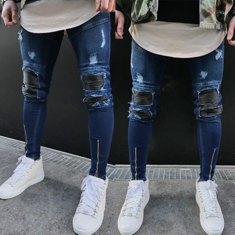 

2018 Fashion Fear Of Men God Skinny Jeans Ripped Jeans Men Slim Straight Joggers Leather Patchwork Biker Streetwear Mens Jeans