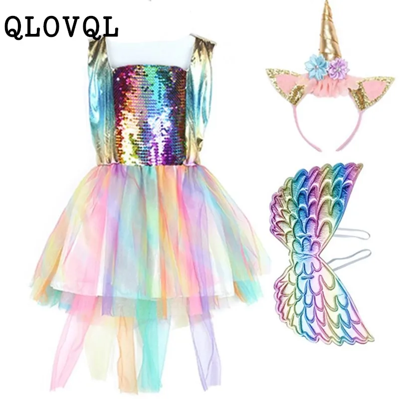 Girl Unicorn Dress 2019 Kids Rainbow Sequin Party Tutu for Girls Elegant Princess Cosplay Costume with Wing Headband | Детская одежда и