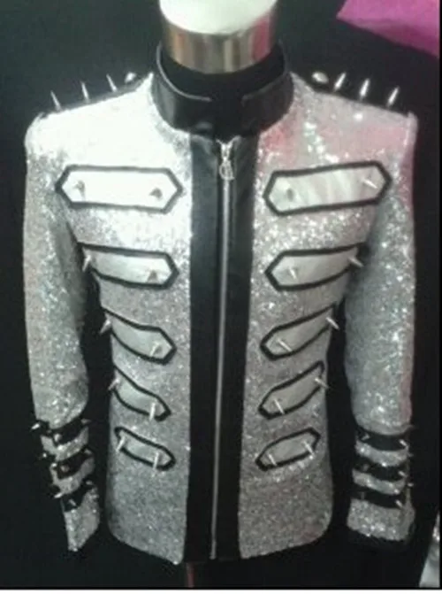 

Fashion Men's Silver Sequins Rivets Slim Suits Party Show Stage Costumes Nightclub Male Singer DJ Performance Jacket