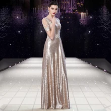 Glänzende Pailletten A Line Abendkleider 2016 Chic V-ausschnitt Kurzen Ärmeln Formale Kleid Bodenlangen Vestido de Festa