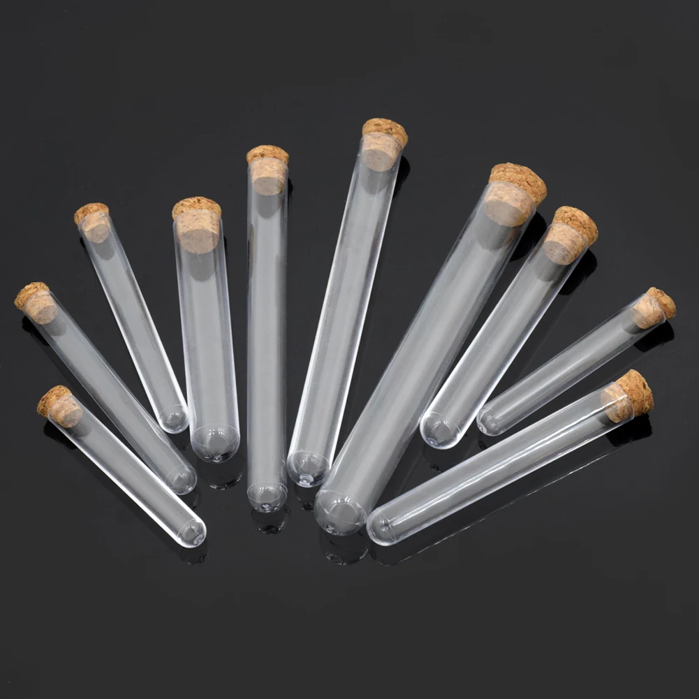 10 قطعة/الوحدة 20x150mm البلاستيك أنبوب اختبار مع الفلين شقة أسفل شفافة مختبر فارغة المعطرة ماكينة تحضير الشاي الحلوى تخزين أنابيب