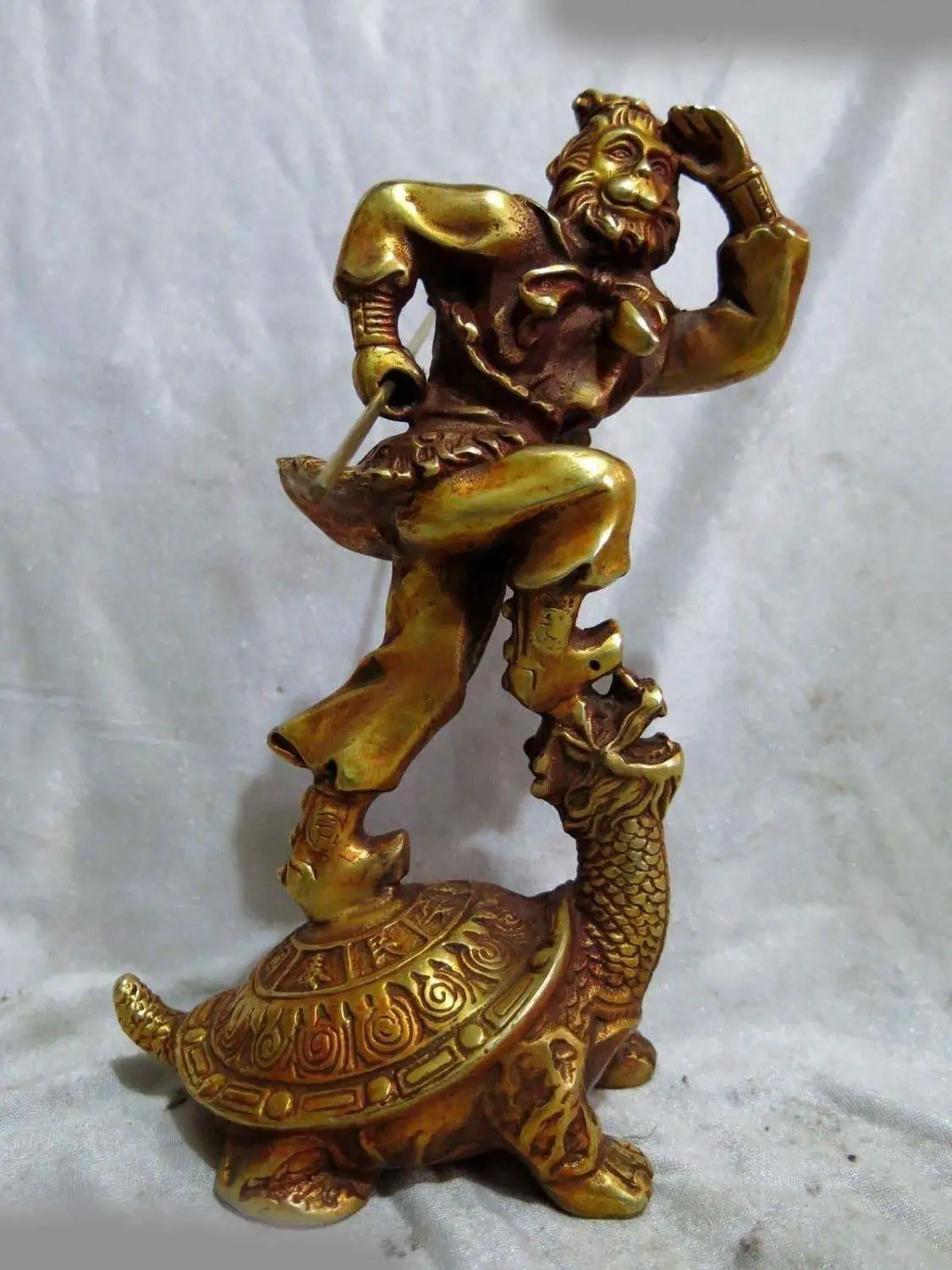 

9" China brass carved beautiful sculpture Handsome Monkey King on turtle Statue