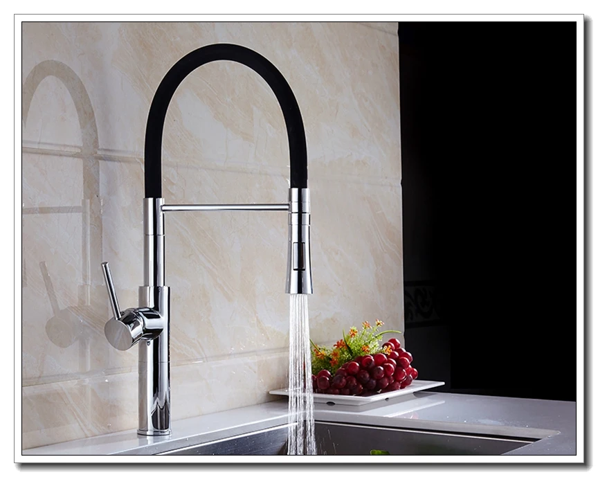 Deck Mounted Pull Down Kitchen Faucet Black Hot Cold Water Crane Mixer Kitchen Sink Faucets with Rubber Design ELK9112B