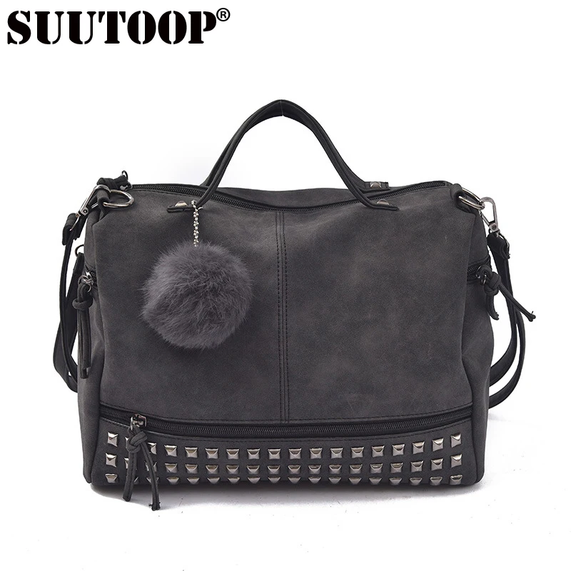 

SUUTOOP vintage nubuck leather female top-handle bags rivet larger messenger bag women bags hair ball shoulder bag travel sac
