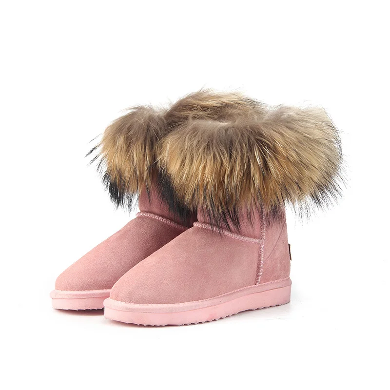 JXANG/Модные женские зимние сапоги из натурального Лисьего меха; женские ботинки из натуральной коровьей кожи; женские теплые зимние ботинки - Цвет: Light Pink