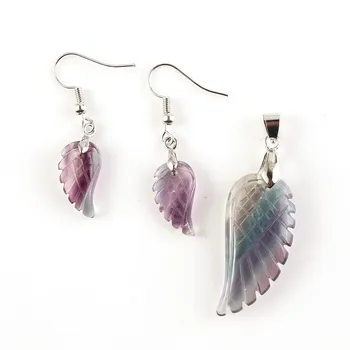

FYJS Unique Angel Wing Natural Fluorite Stone Pendant Drop Earrings Silver Plated Jewelry Sets