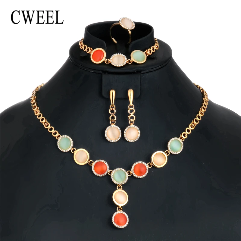 

CWEEL Opal Jewelry Sets For Women Nigerian Wedding African Beads Jewelry Set Dubai Statement Necklace Costume Jewellery