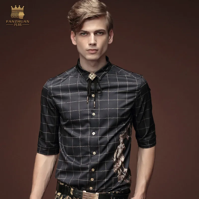 Free Shipping New fanzhuan men's male half sleeve fashion casual five summer man blouse black plaid shirt slim 15366 promotion