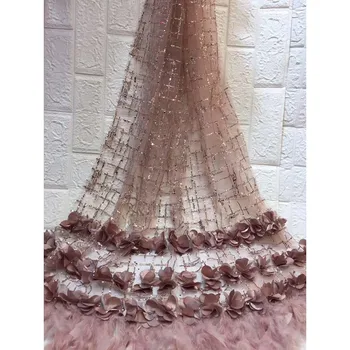 

Amazing evening dress material with 3D flower flower and feather French tulle net lace fabric for dress HNZ256(5yards/lot)