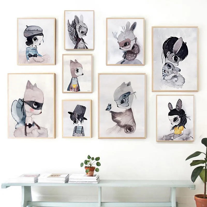 Акварель Bunnny девочек Art Холст Картины, печать Nordic Мультфильм Плакат Детская домашнего декора картина для детской комнаты AL094