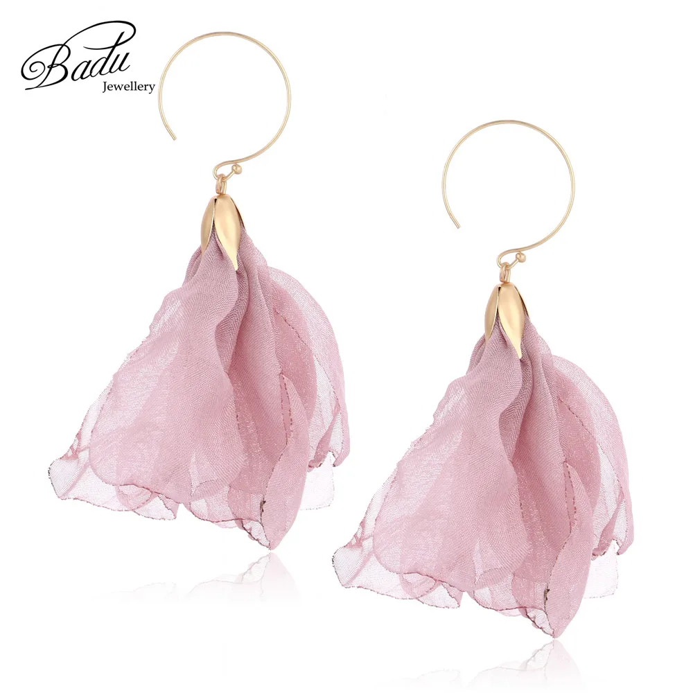 

Badu Tulle Cloth Flower Earrings Round Circle Red pink color Bohemian Drop Earring for Holiday Party Jewelry Gift for Women