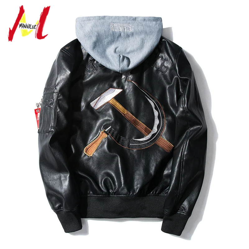 

MANVALUE Japanese Style spring and autumn Sickle Embroidered PU Leather Jackets Male Air Force MA1 Pilot Jackets Suits
