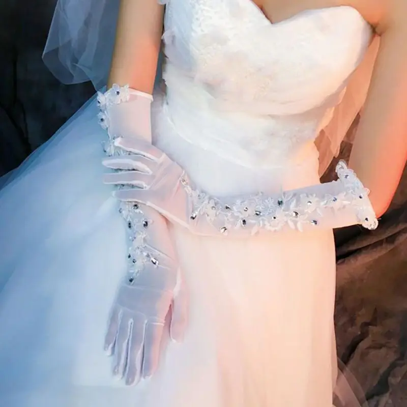 

Long Elegant Lady Gloves Bridal Net Mesh Lace Flower Gloves Full Finger Wedding Dress Accessories