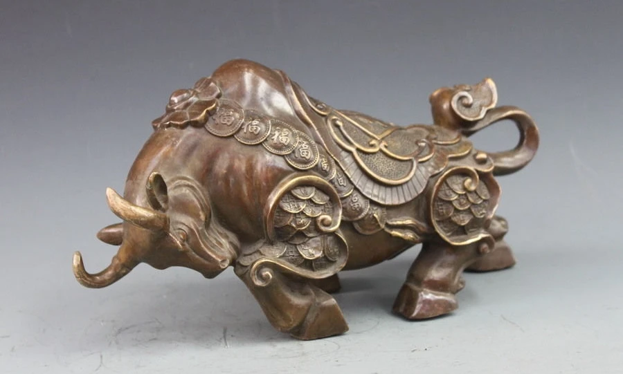 

8"Chinse Bronze Copper Feng Shui Lucky Coin Money Yuan Bao Fu OX Bull Statue a 0518