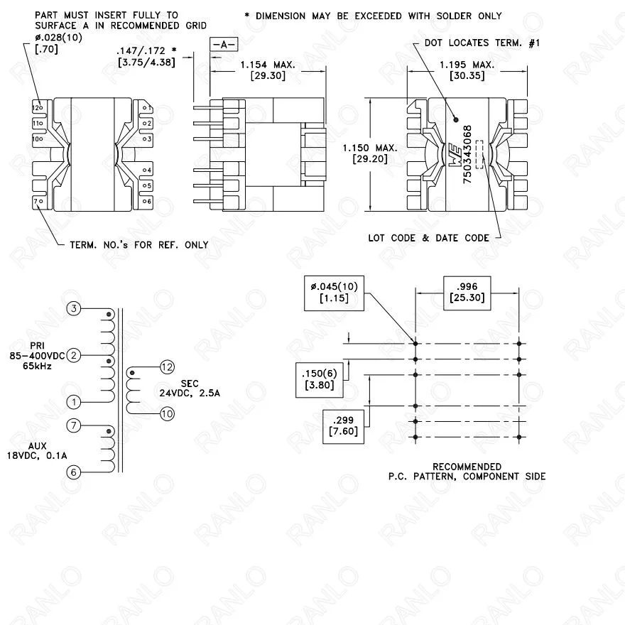 

PQ2625 WE 750343068 85-400VDC PQ2625 magnetics ferrite core transformer
