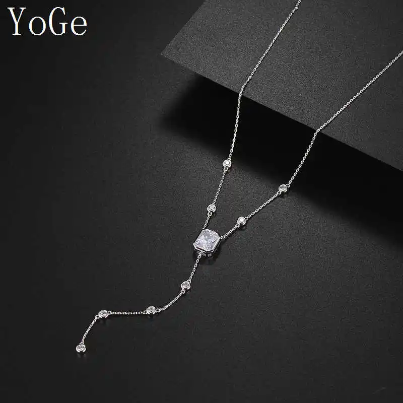YoGe свадебные и вечерние ювелирные изделия для женщин N1032 Мода AAA CZ тонкая цепочка прямоугольные камни с длинной подвеской ожерелье