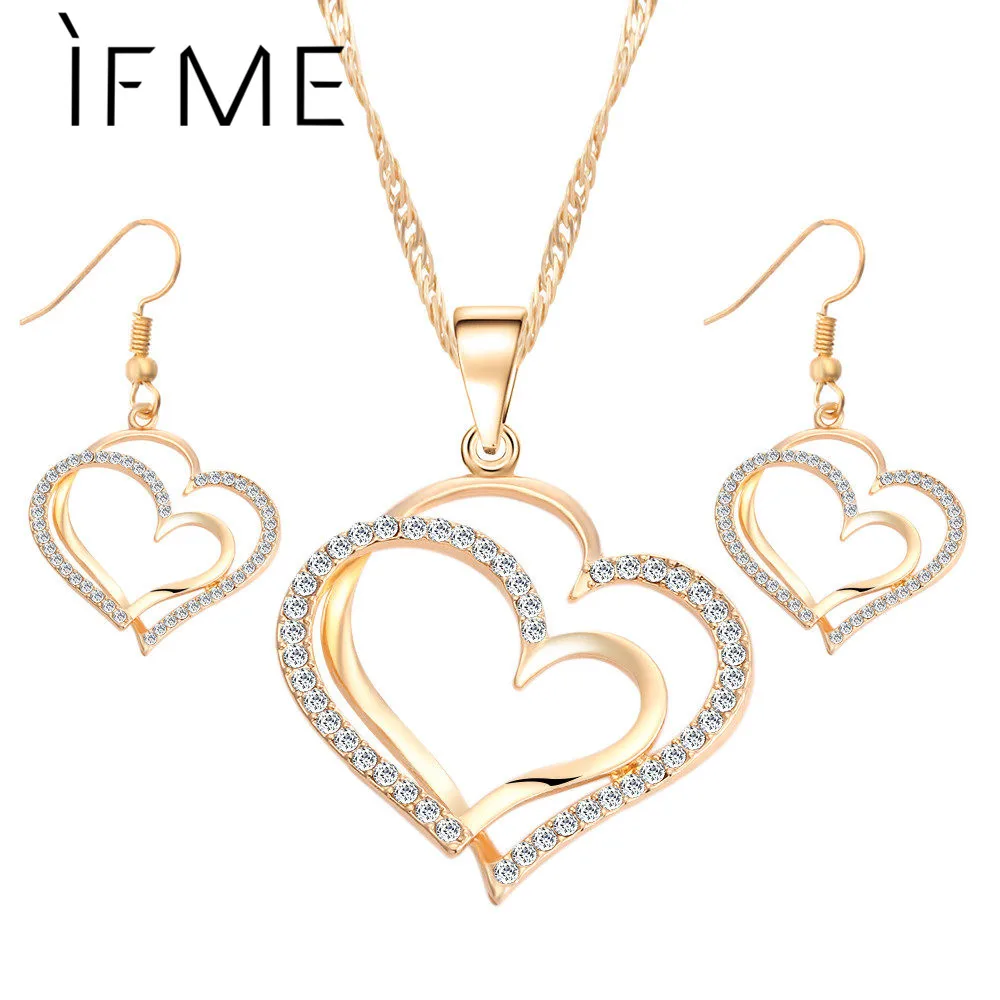 

IF ME Charm Crystal Love Heart Jewelry Set Pendant Necklace with Dangle Earrings Gold Silver Color Romantic Wedding Jewelry Gift