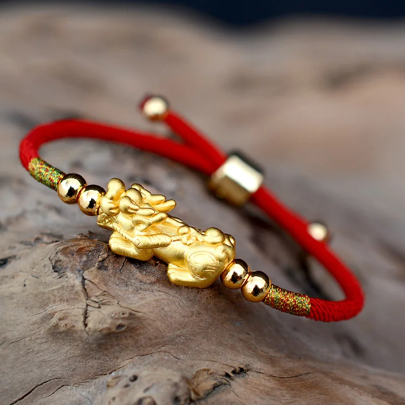 Lucky Red Rope Bracelets 999 Sterling Silver Pixiu Gold Color Tibetan Buddhist Knots Adjustable Charm Bracelet For Women