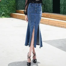 Осенняя джинсовая юбка рыбий хвост Женская тонкая упаковка Хип синяя джинсовая юбка стрейч Сексуальная Три разрезы midguts 9079