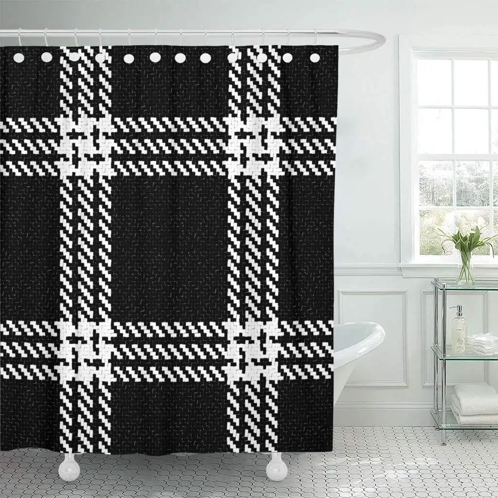 Shower Curtain with Hooks Canvas Tartan Plaid Pattern High Detail Abstract Black and White onto