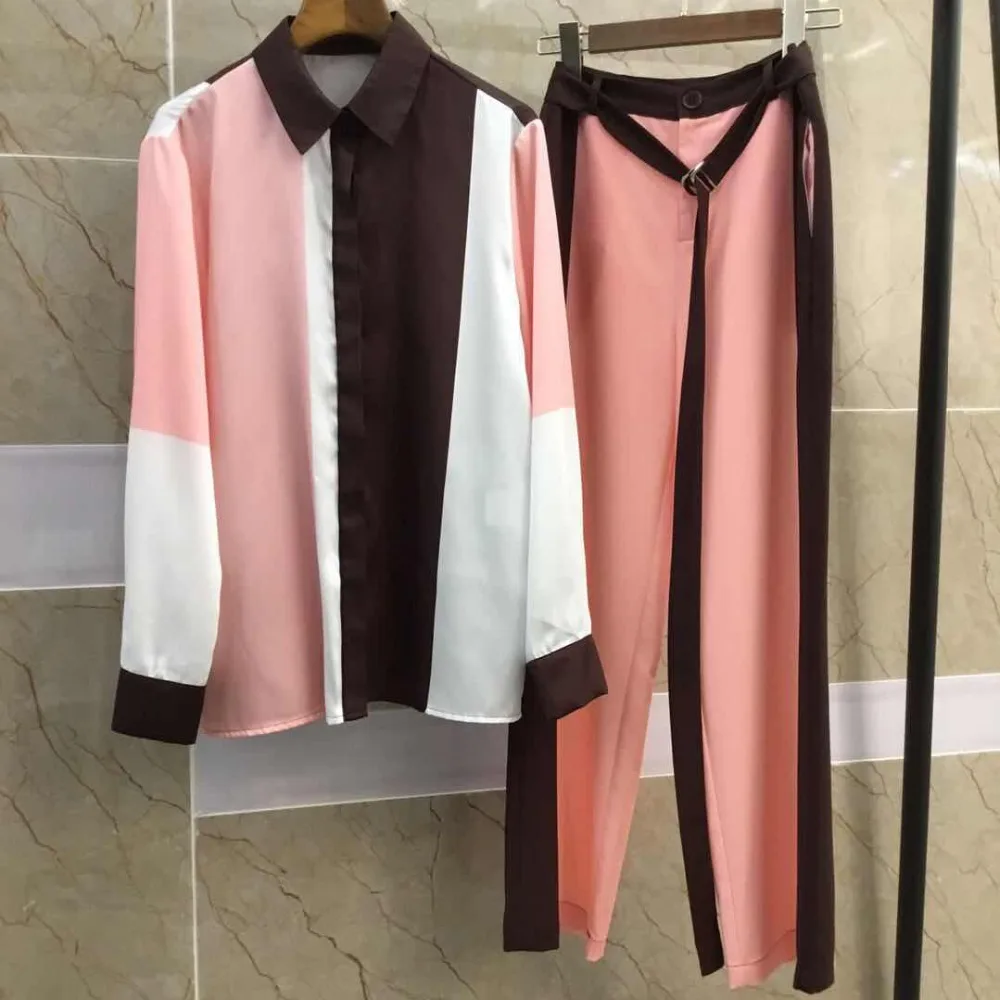 

Chic OL elegant pantsuits New 2019 spring long sleeves Shirts+wide-leag pants two piece set A115