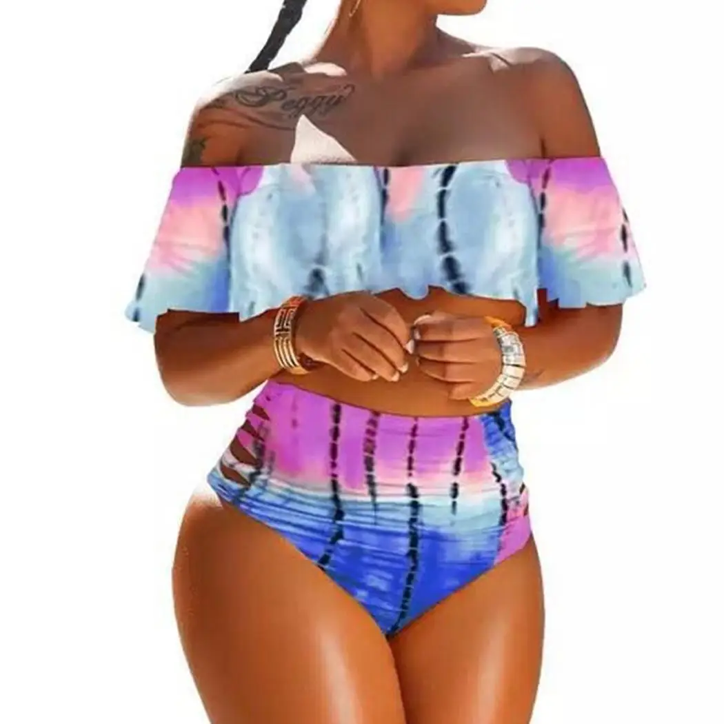 

Women Off Shoulder Sleeveless Print Bikini Beach Summer Ruffles Set Fashion Swimsuit Wire Free Yes Bottom