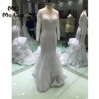 

Illusion Mermaid Wedding Dresses Long Sleeves Bridal Gowns Appliques Beaded Tulle See Though vestido de noiva Wedding Dress