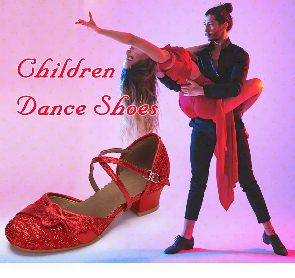 Kids Child Latin Tango Salsa Dance Shoes Red/Gold/Silver Dancing Ballroom Latin Performance Shoes For Women Girls Square Heels