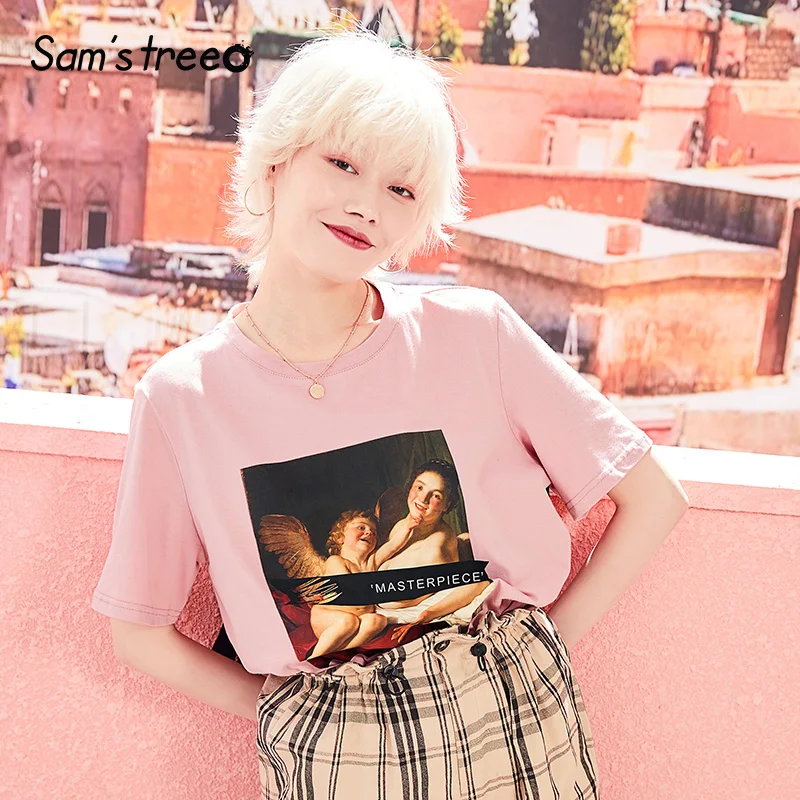 

Samstree Women Character Print T-shirts Design Prints Casual Female Summer Short Sleeve Tops Ladies Loose Simple O Neck T-Shirts