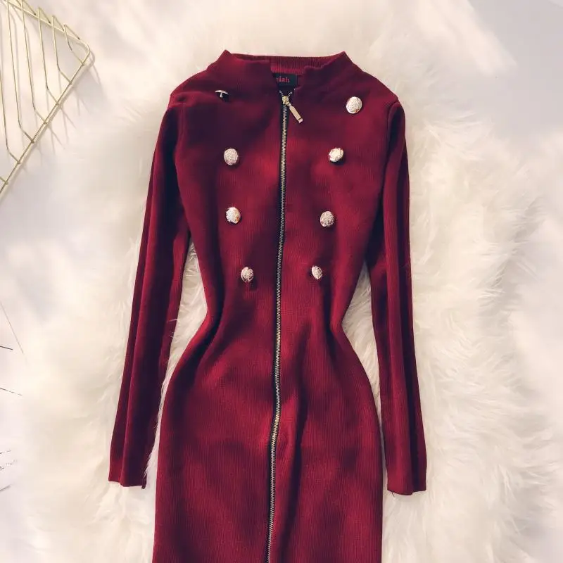 autumn and winter new women O-neck buttons zipper long sleeve waist pockets OL elastic knitted dress female sweater dresses