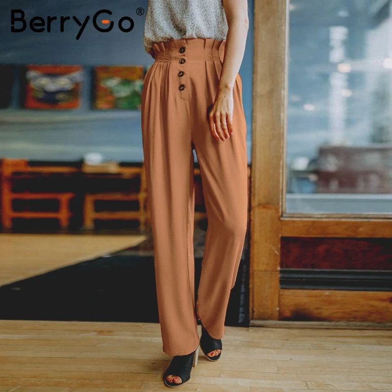 BerryGo эластичные брюк кнопки высокой талии женские Повседневная сплошная уличная женские брюки Офисные