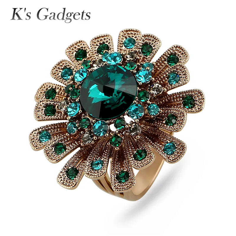 

K's Gadgets Luxury Green/Blue Austrian Crystal Rings For Women Titanium Gold Big Flowers Ring Fashion Wedding Fine Jewelry