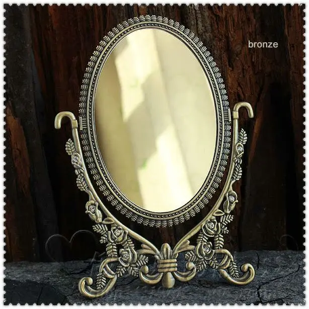 

double-face retro bronze foldable alloy metal table makeup dresser desktop cosmetic decorative mirror embossed frame 338C