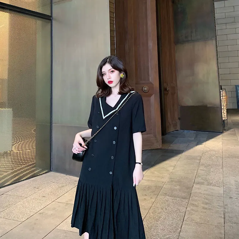 

Summer new women's clothes casual loose thin black long section navy collar pleated short sleeves buttons women midi dress 2019
