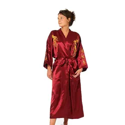 Бордовый шелковой вышивкой дракона халат-кимоно платье Для женщин пикантные атласные халат длинная ночная Размеры размеры S M L XL XXL, XXXL D125-04
