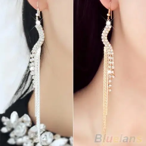 

Women S-shape Rhinestone Party Cocktail Chain Tassels Dangle Linear Earrings 1Q9R