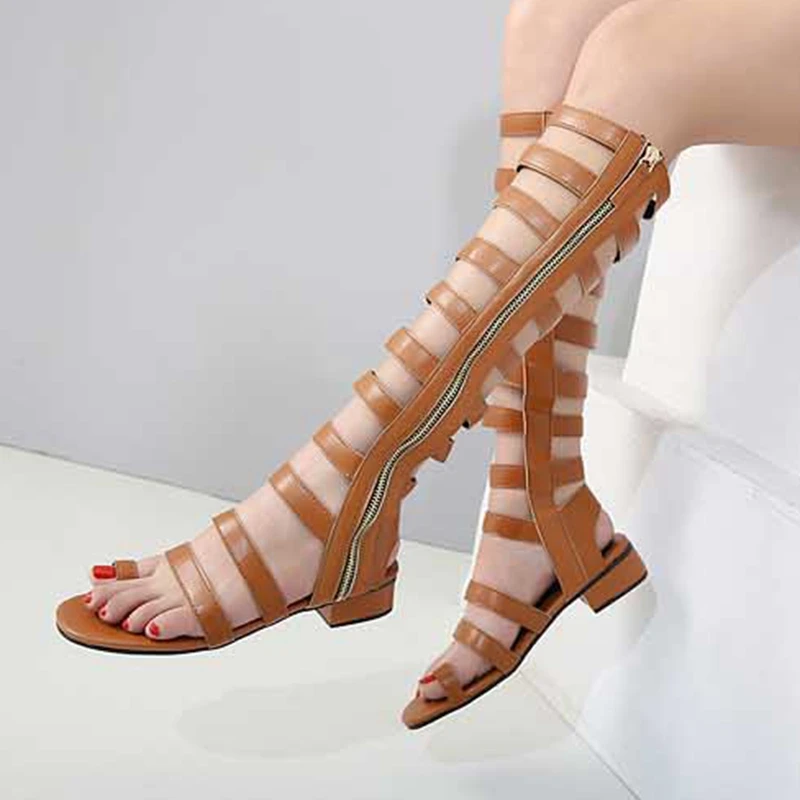 2019 Summer Women Sandals Open Toe Knee High Boots Zipper Gladiator Cover Heel Flat Casual size 35-41 | Обувь