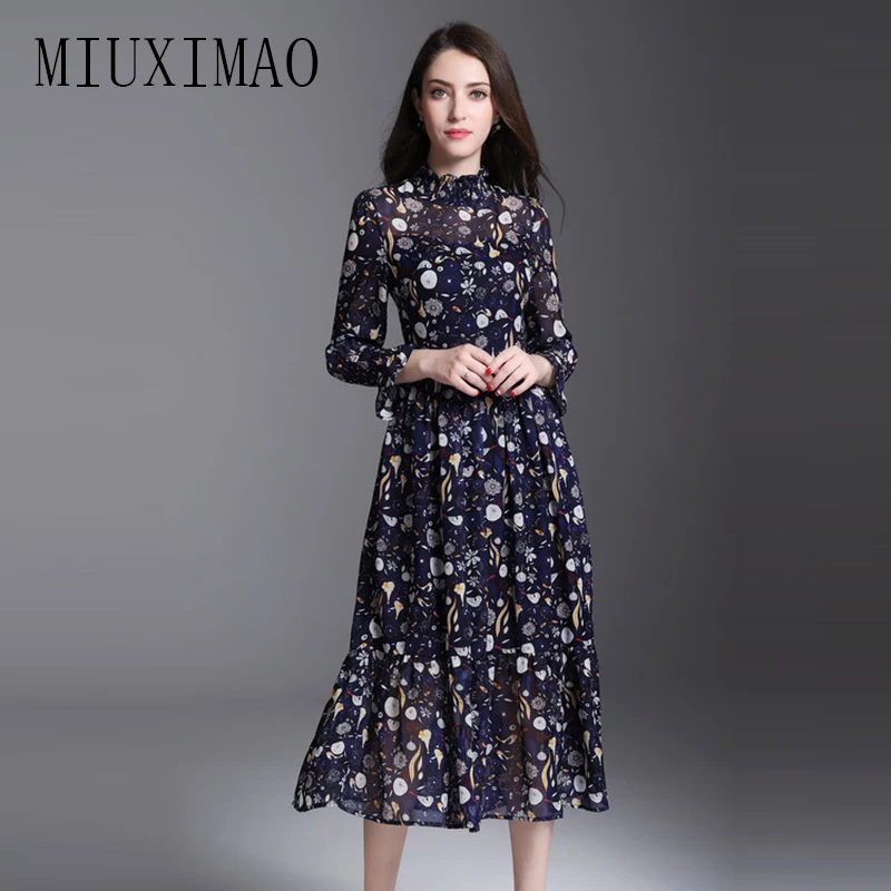 

2018 Spring Newest Fashion Europe Style A-Line Stand Long Sleeve Pattern Printed Casual High Quality Mid-Calf Long Dress Women