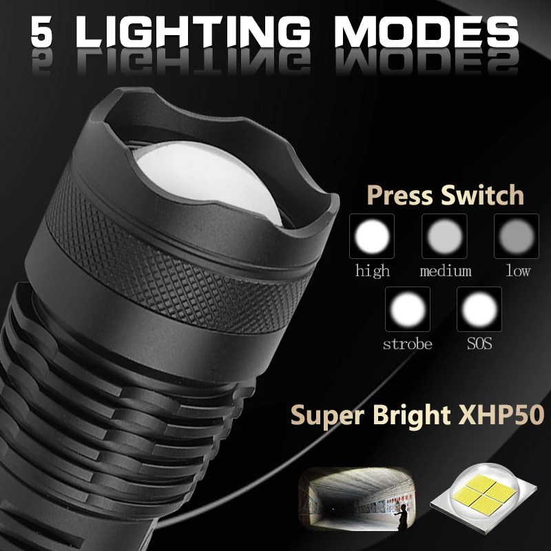 32000 Lumens Lâmpada Xhp50.2 Mais Poderosa Lanterna Usb Xhp50 18650 ou 26650 Bateria Recarregável Zoom Led Torch Caça 2 usb zoom led tocha xhp50 18650 ou