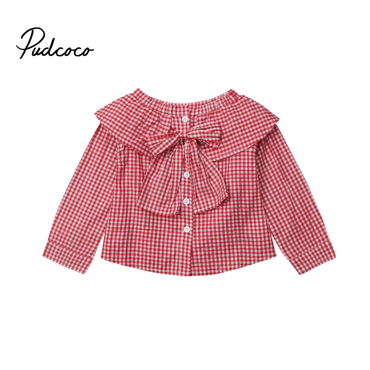 Toddler Baby Girls Kids Blouse Red Plaids Off Shoulder Long Sleeve Top