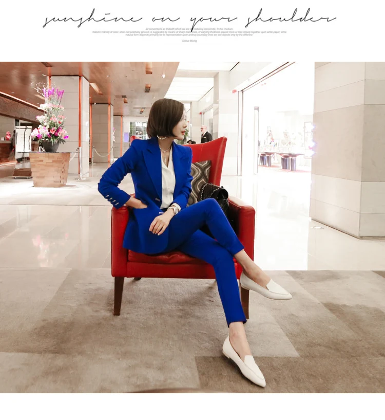 Модные синие женские брючные костюмы однобортный пиджак блейзер и брюки-карандаш Одежда для деловых женщин комплект из 2 предметов осень 2019