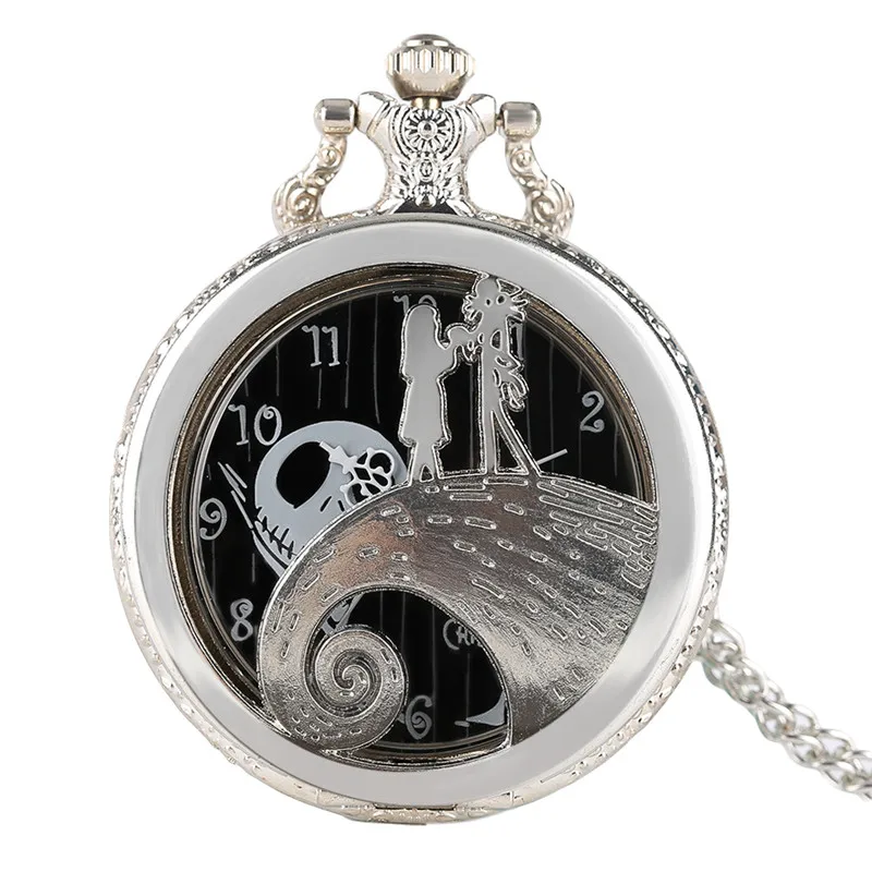 

Tim Button The Nightmare Before Christmas Quartz Pocket Watch Silver Half Hunter Girl Skull Fob Clock Chidlren Boy Mens Gift 201