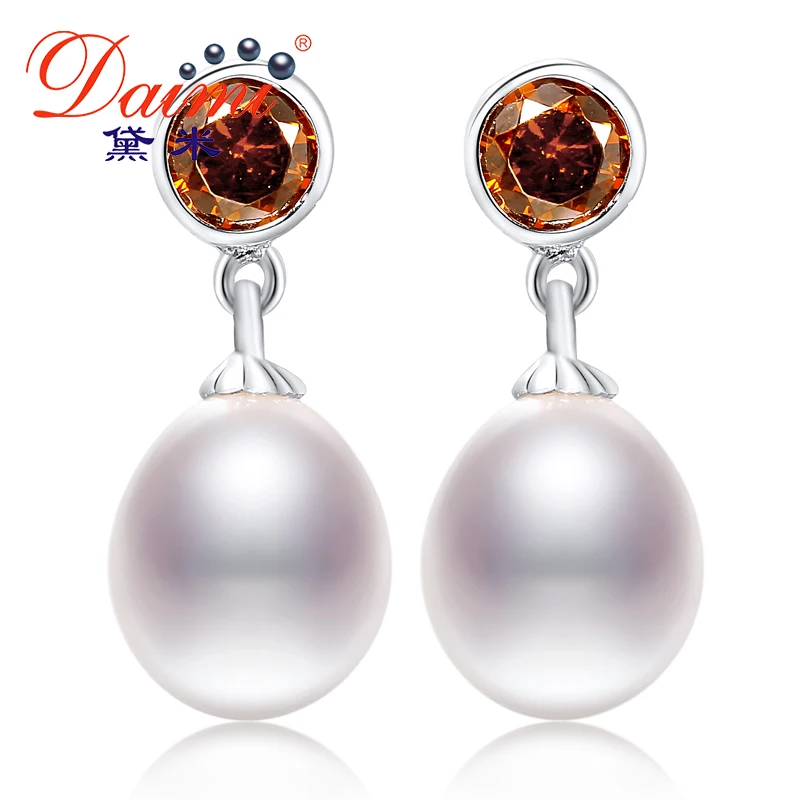 Daimi 8 9mm Natural White Freshwater Pearl Red Shinny Crystal Studs font b Earrings b font
