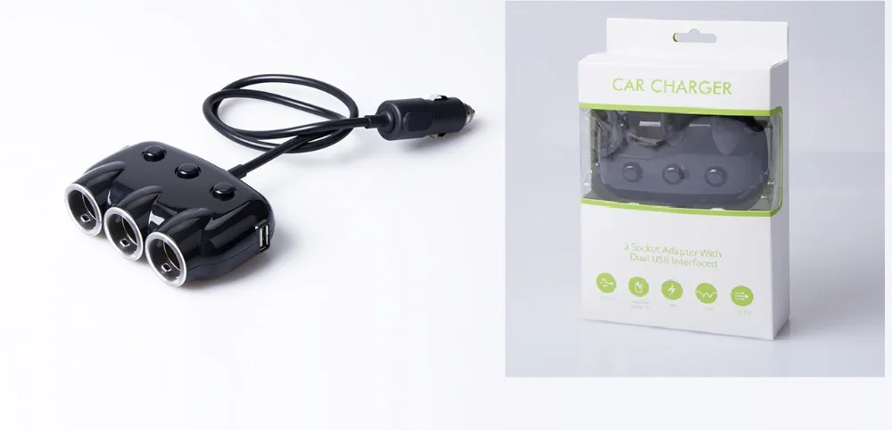 

Cigarette Lighter Socket Splitter Charger 3 socket adapter with Dual USB interface for GPS cellphone USB 3.1 car Charger Adapter