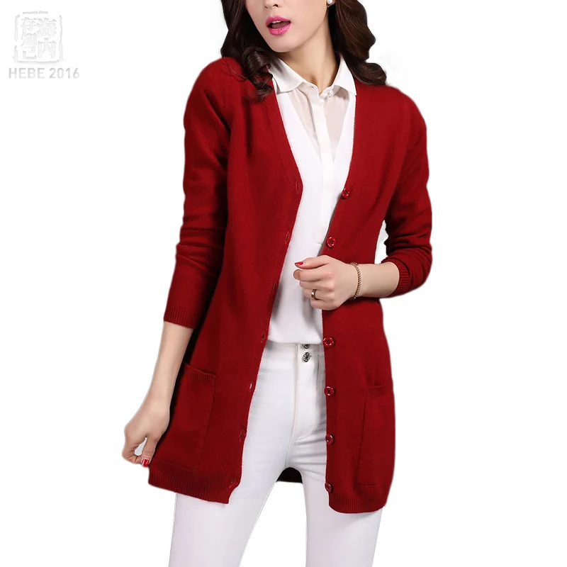 2017 Classic Cardigans V neck Fashion Basic Women Wool Knitted Pocket