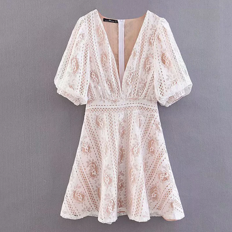 Women's Clothing Dress 2019 Vintage Lace Puff Sleeve Short Sleeve Dress Ms Summer Street Sexy Slim Fit Temperament Clothing
